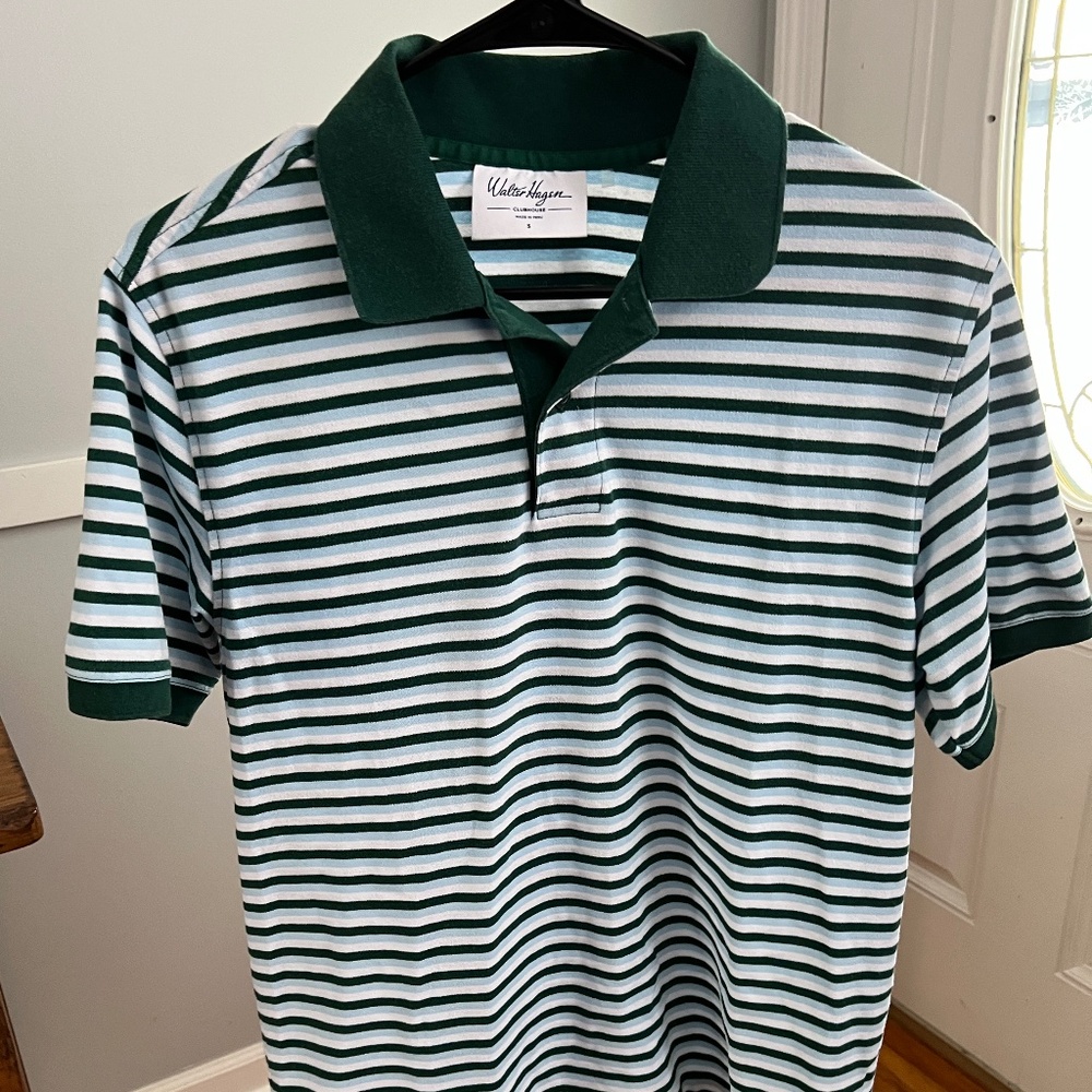 Walter Hagen Clubhouse Pique Golf Polo Green White Stripe Men's Small